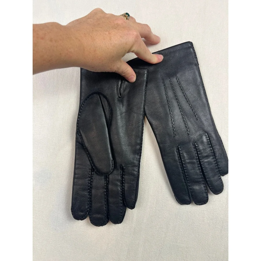 Black Leather Gloves Women Medium Fur Lined Winter Dress Gloves Stitch Detail